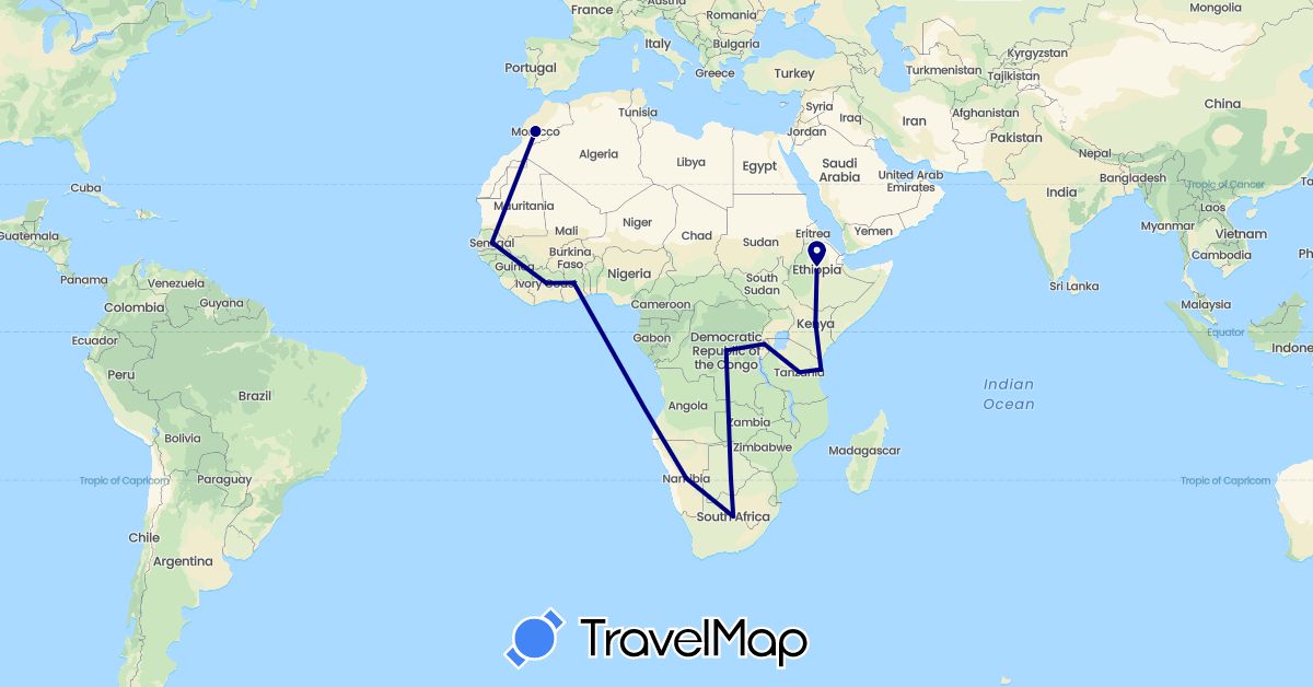 TravelMap itinerary: driving in Botswana, Democratic Republic of the Congo, Côte d'Ivoire, Ethiopia, Ghana, Kenya, Morocco, Namibia, Rwanda, Senegal, Tanzania, South Africa (Africa)